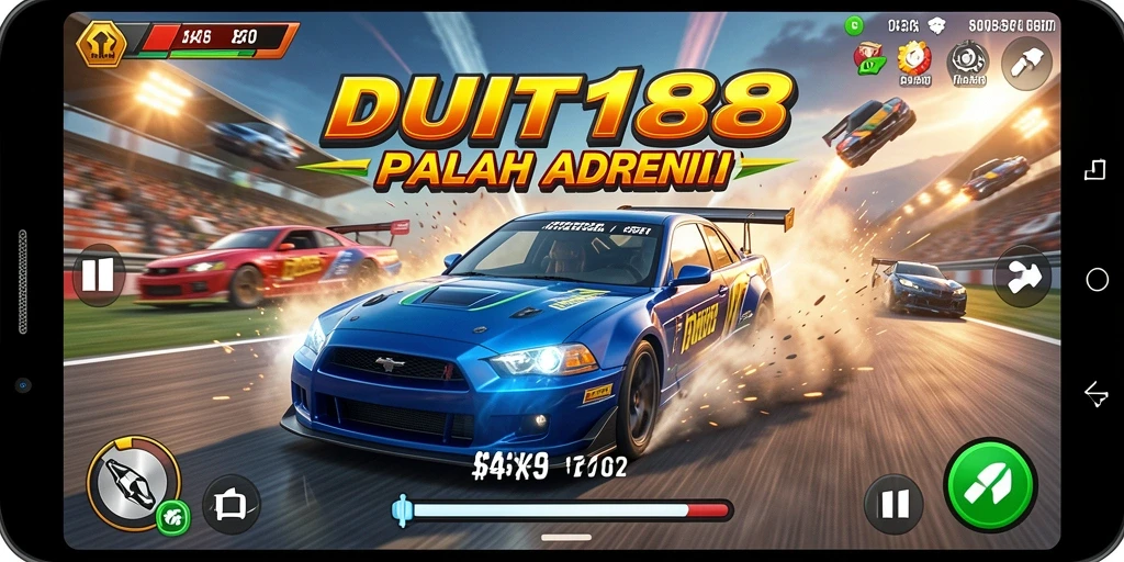 Screenshot permainan balap dari DUIT188 dengan mobil beraksi di lintasan.