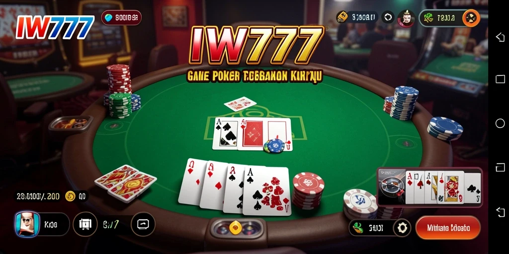 Tampilan gameplay seru dalam IW777 dengan pemain berkumpul di meja Poker.