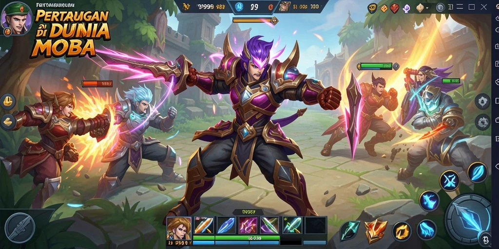 Gameplay MOBA yang seru dalam T9999 dengan karakter unik dan pertempuran intens.